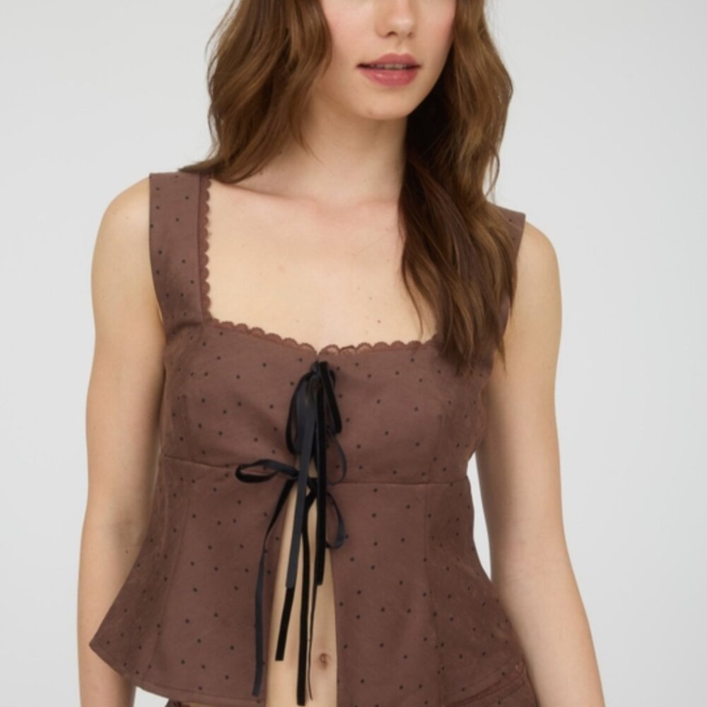 The Workshop Studio Polka Dot Lace Trim Top - Brown Velvet Tie Coquette